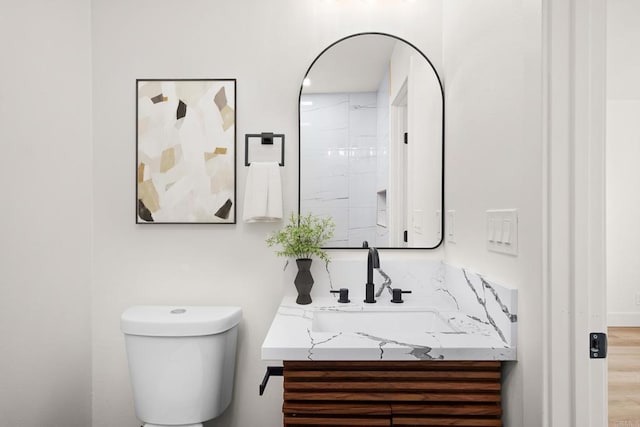 bathroom with vanity, wood-type flooring, and toilet