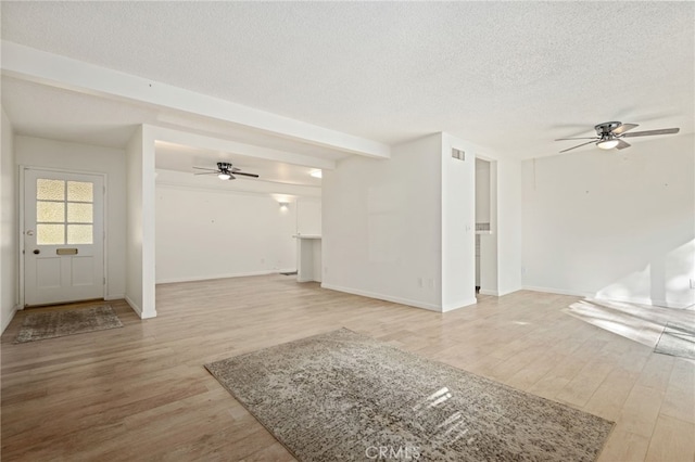 unfurnished living room with ceiling fan, light hardwood / wood-style flooring, beam ceiling, and a textured ceiling