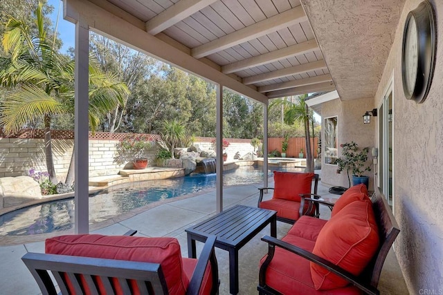 view of patio / terrace featuring a fenced in pool, an outdoor hangout area, and a fenced backyard