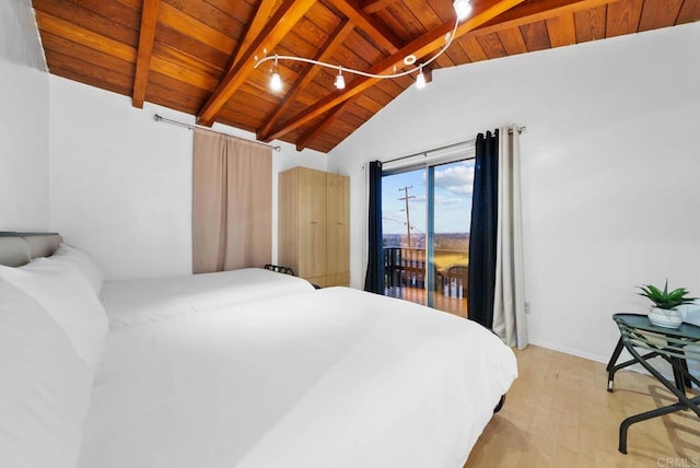 bedroom with vaulted ceiling with beams, wood ceiling, access to exterior, light wood-style floors, and track lighting