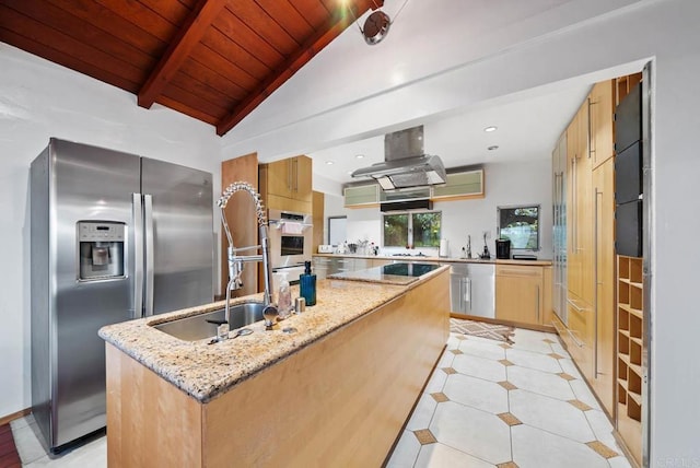 kitchen featuring light stone counters, lofted ceiling with beams, wood ceiling, island range hood, and stainless steel fridge with ice dispenser