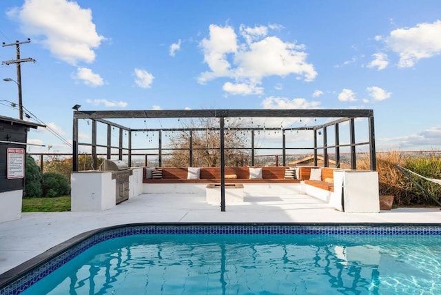 outdoor pool featuring exterior kitchen and a patio