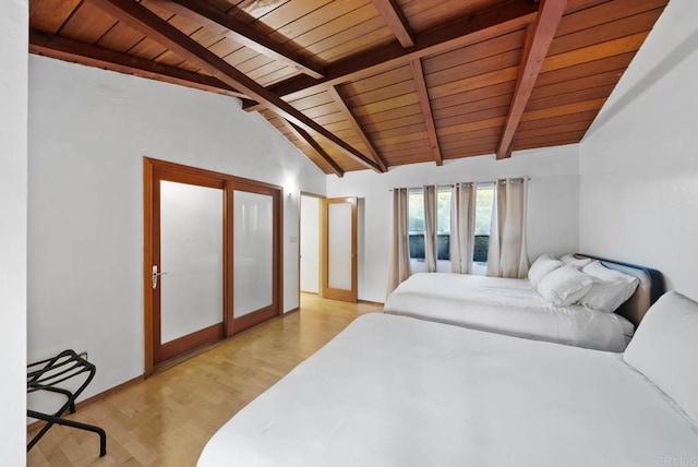 bedroom with vaulted ceiling with beams, light wood-type flooring, and wood ceiling