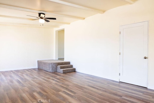 unfurnished room with hardwood / wood-style flooring, ceiling fan, and beam ceiling