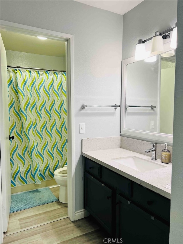 bathroom featuring vanity, wood-type flooring, and toilet