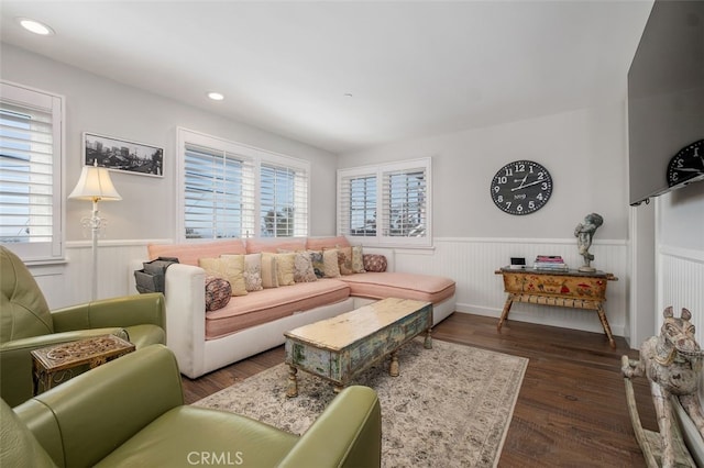 living area with a wealth of natural light, dark wood-style flooring, and wainscoting