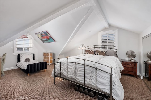 carpeted bedroom featuring lofted ceiling with beams and baseboards