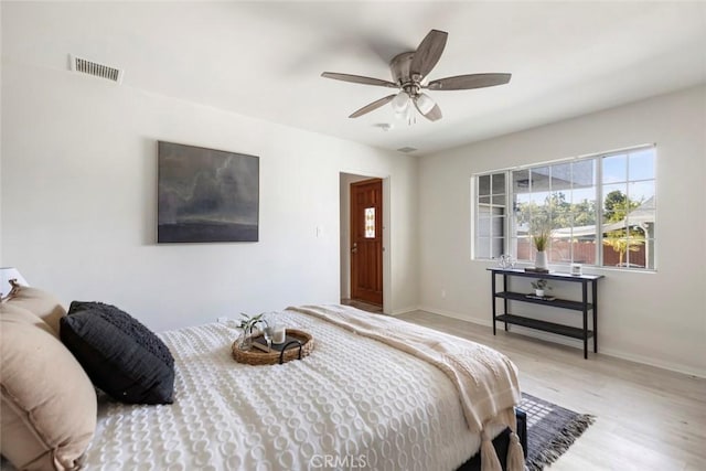 bedroom featuring ceiling fan and light hardwood / wood-style flooring