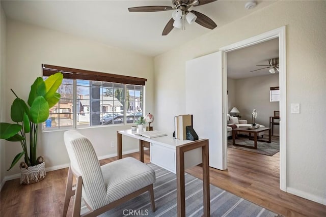 office space featuring hardwood / wood-style flooring and ceiling fan