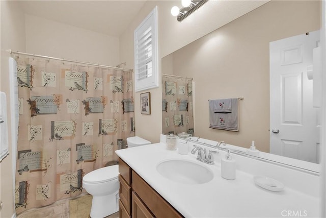 bathroom with vanity, a shower with curtain, and toilet