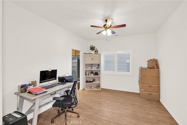 office space with ceiling fan and light wood-type flooring