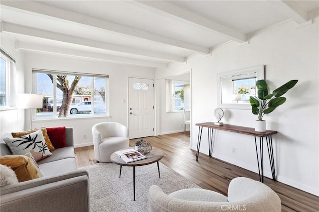 living area with baseboards, wood finished floors, beam ceiling, and a healthy amount of sunlight