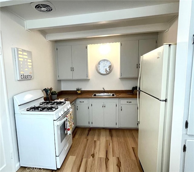 kitchen featuring visible vents, white appliances, dark countertops, a sink, and light wood-style floors