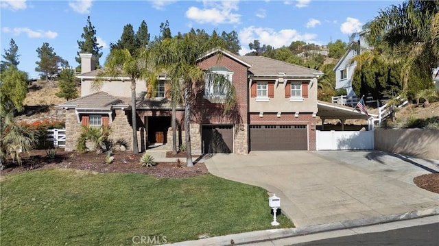 view of front of property with a front yard, a carport, and a garage