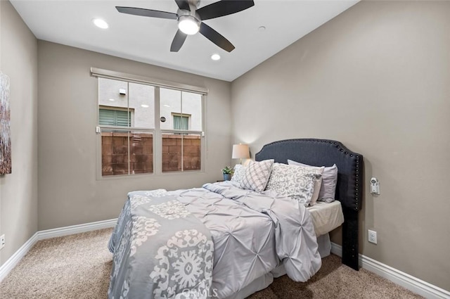 bedroom with carpet, baseboards, ceiling fan, and recessed lighting