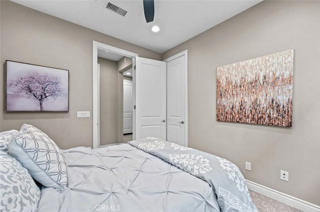 bedroom with visible vents, baseboards, ceiling fan, carpet, and recessed lighting