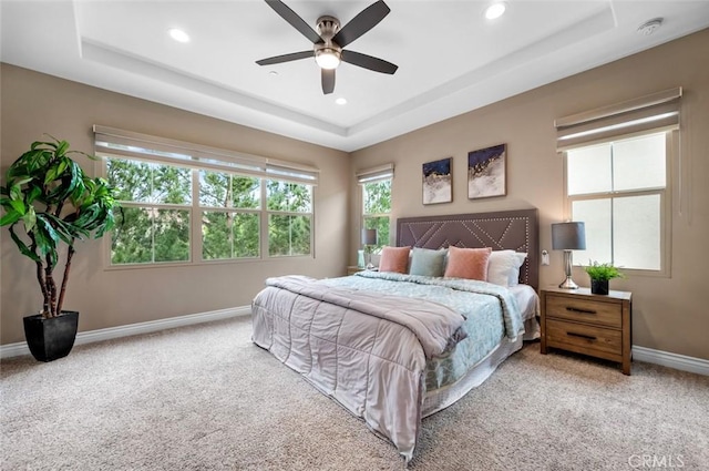 bedroom with carpet floors, baseboards, and a raised ceiling