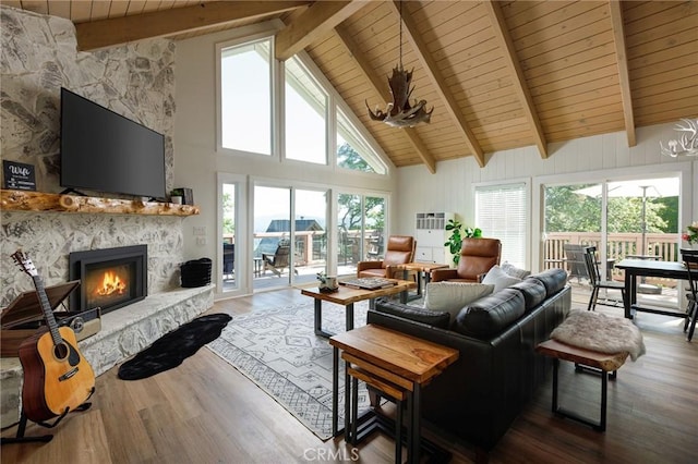 living room with a stone fireplace, high vaulted ceiling, beamed ceiling, hardwood / wood-style flooring, and wooden ceiling