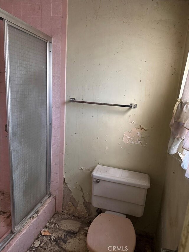 bathroom with a stall shower and toilet