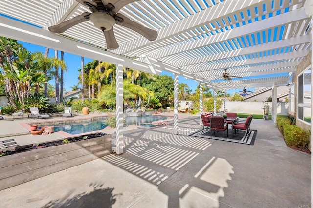 view of patio with ceiling fan and a pergola