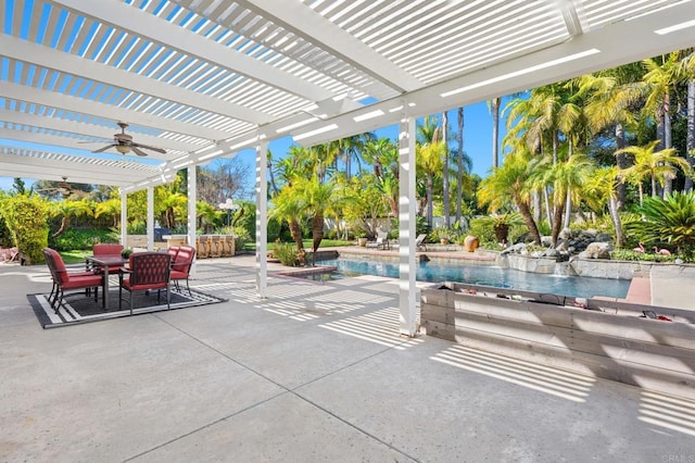 view of patio / terrace featuring pool water feature, ceiling fan, and a pergola