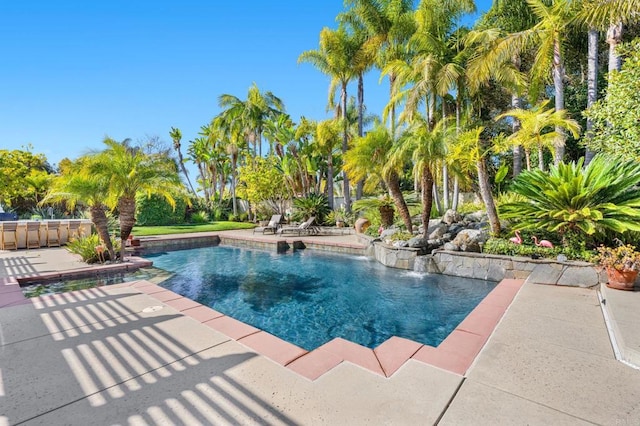 view of pool with a patio and exterior bar