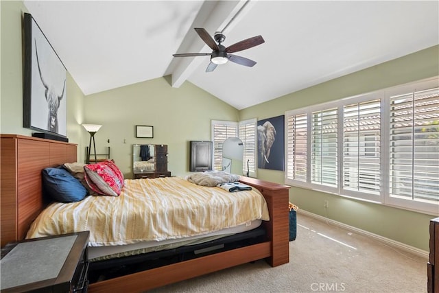 bedroom featuring carpet floors, vaulted ceiling with beams, baseboards, and a ceiling fan