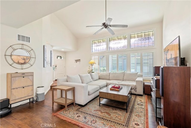 living area with high vaulted ceiling, ceiling fan, visible vents, and wood finished floors