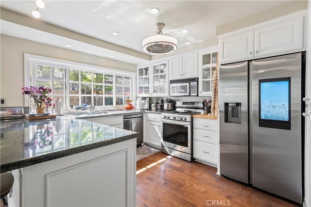 kitchen featuring dark wood-style floors, appliances with stainless steel finishes, glass insert cabinets, white cabinets, and a sink