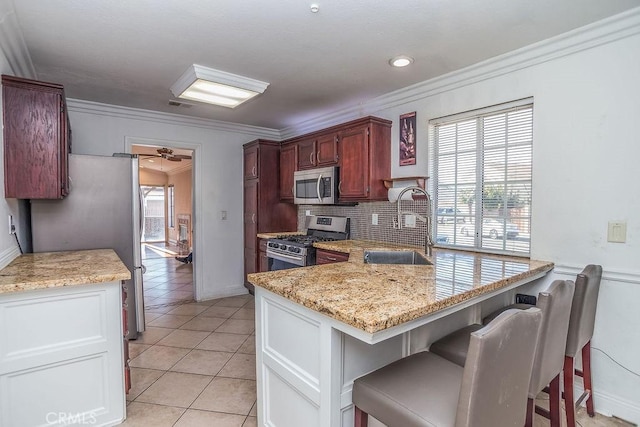 kitchen featuring tasteful backsplash, ornamental molding, a peninsula, stainless steel appliances, and a sink