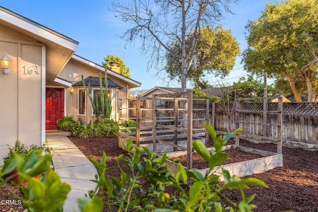 view of yard featuring fence and a vegetable garden