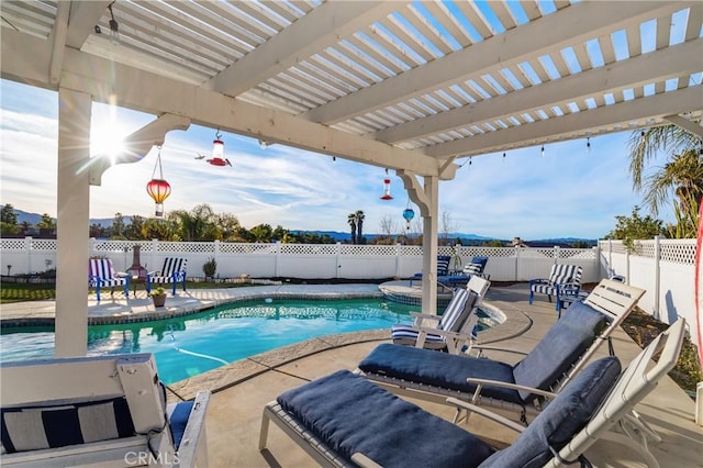 view of pool featuring a fenced in pool, a fenced backyard, and a pergola