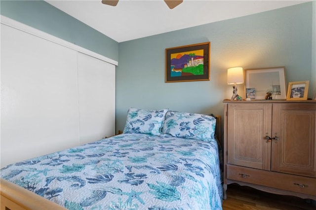 bedroom with a closet, a ceiling fan, and wood finished floors