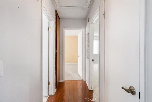 corridor with hardwood / wood-style floors and a textured ceiling