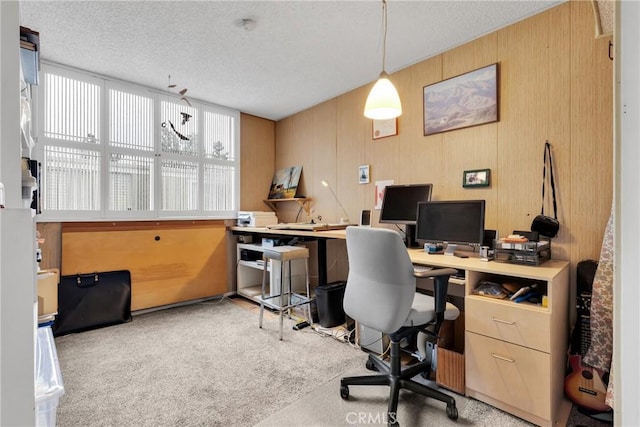 carpeted office space featuring a textured ceiling