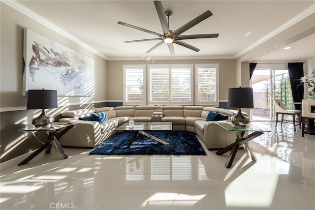 living area featuring crown molding, tile patterned flooring, and a ceiling fan