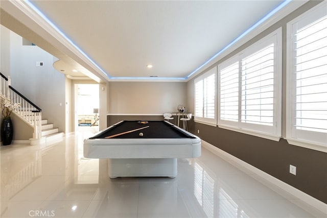 playroom featuring recessed lighting, visible vents, tile patterned flooring, crown molding, and billiards