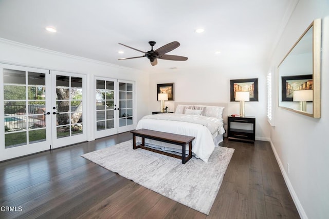 bedroom with french doors, ceiling fan, crown molding, access to exterior, and dark hardwood / wood-style flooring