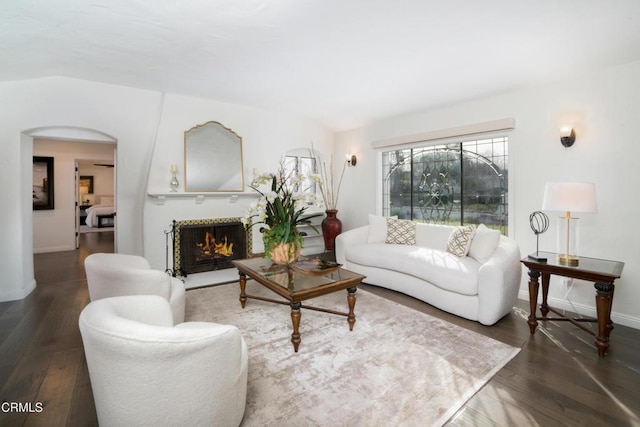 living room with dark wood-type flooring