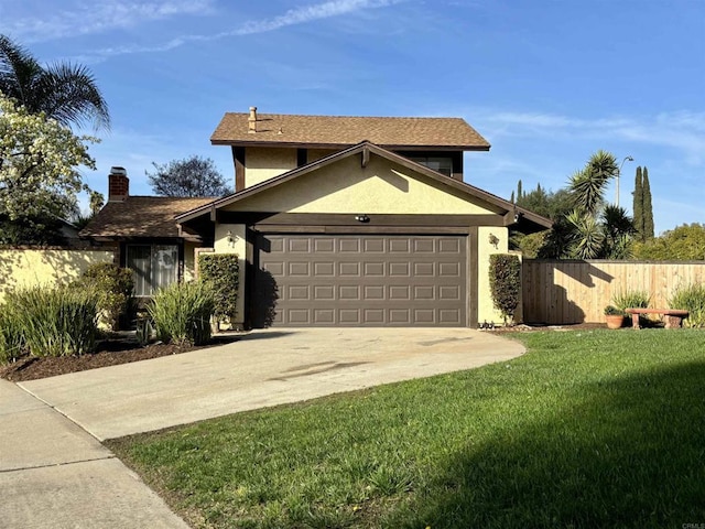 view of front of house with a garage, fence, concrete driveway, stucco siding, and a front yard