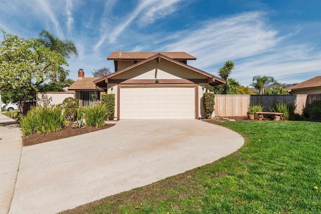 view of front of house with stucco siding, fence, a garage, driveway, and a front lawn