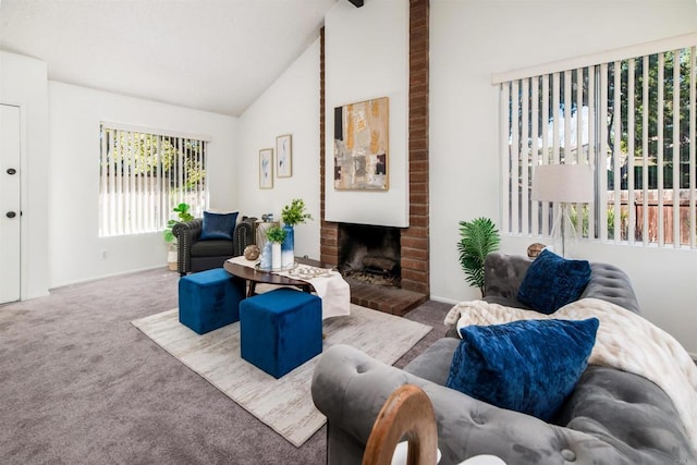 living area featuring high vaulted ceiling, carpet, and a fireplace