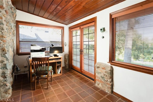 tiled office space featuring plenty of natural light, vaulted ceiling, and wooden ceiling