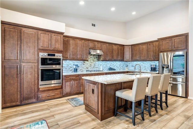 kitchen with a center island with sink, visible vents, appliances with stainless steel finishes, a sink, and under cabinet range hood