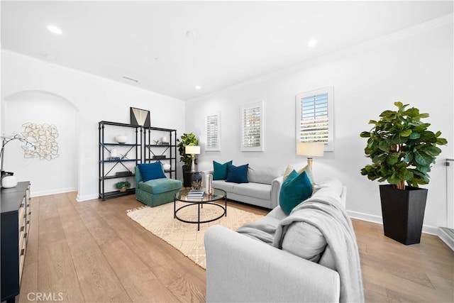 living room featuring light wood-type flooring and crown molding