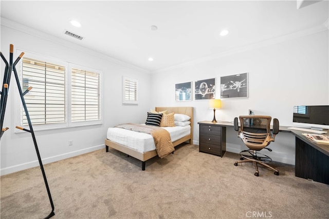 carpeted bedroom featuring multiple windows and ornamental molding