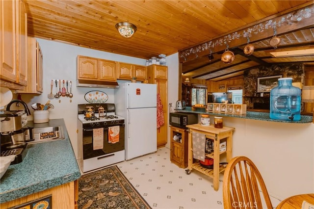 1971 Fern Ln, Big Bear City, CA 92314 - kitchen featuring wood ceiling, white appliances, vaulted ceiling with beams, and kitchen peninsula