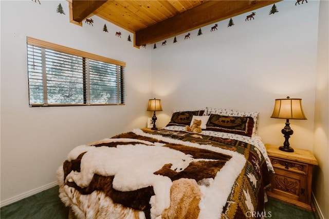 1971 Fern Ln, Big Bear City, CA 92314 - bedroom featuring beamed ceiling, dark carpet, and wooden ceiling