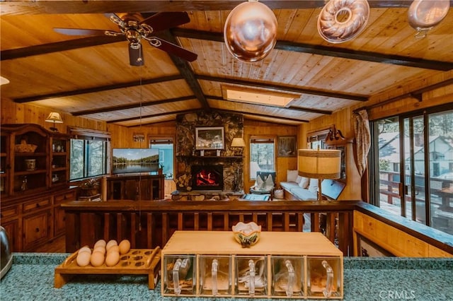 1971 Fern Ln, Big Bear City, CA 92314 - interior space with wooden walls, a stone fireplace, vaulted ceiling with skylight, and wooden ceiling
