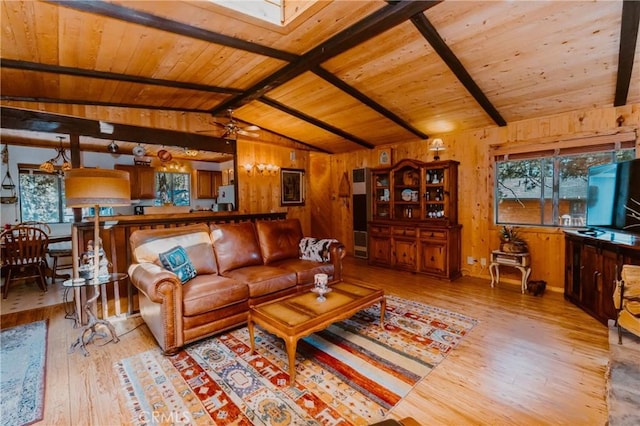 1971 Fern Ln, Big Bear City, CA 92314 - living room with lofted ceiling with beams, light hardwood / wood-style flooring, wooden ceiling, wooden walls, and ceiling fan